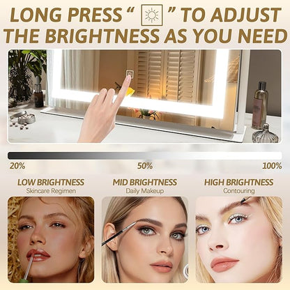 Vanity Mirror with Lights 22"x18", Lighted Makeup Mirror with 10X Magnification, Smart Touch 3 Colors Dimmable, 360° Rotation, Women Gift, Dresser Mount, Bathroom (White)