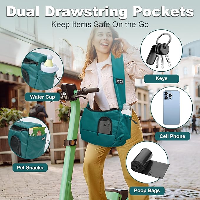 Dog Sling Carrier for Small Pets, Hands-Free Cat Carrier Pouch up to 8.8 lb, Cat Sling with Safety Strap and Pockets, Ideal for Travel and Daily Use, Peacock Blue-Mewly Pet