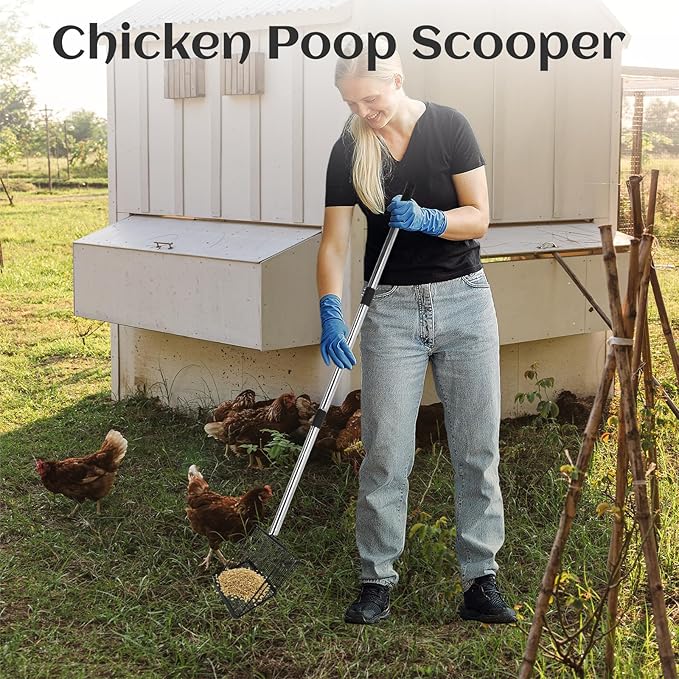 Chicken Poop Scooper for Sand 10 Inch, Chicken Coop Scoop Large Metal with Adjustable Handle, Multifunctional Coop Scoop Rake Set Sifting Shovel, Heavy Duty Pooper Shovel Tool Accessories-Mewly Pet