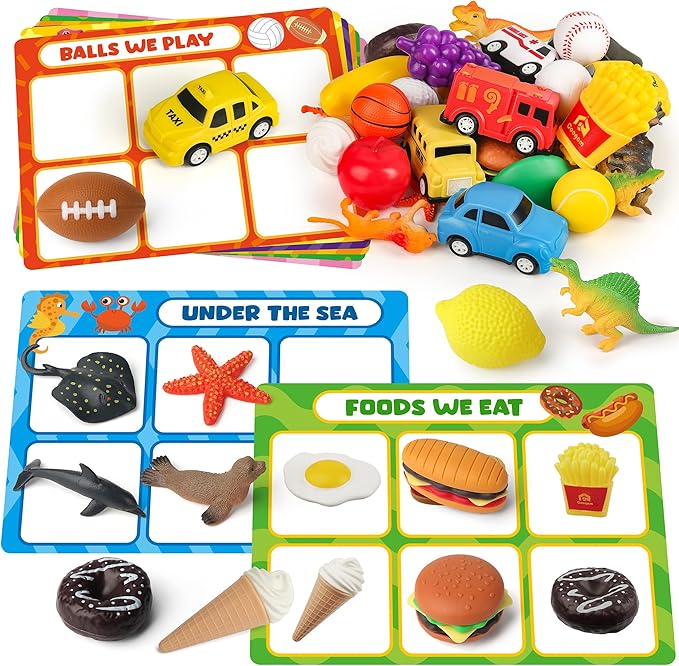 Coogam Sorting Toy for Toddlers, Animals Dinosaurs Fruits Vehicles Foods Fishes Balls Farm Playset, Fine Motor Montessori Game Preschool Educational Learning Gift for Year Old Kids-Mewly Pet