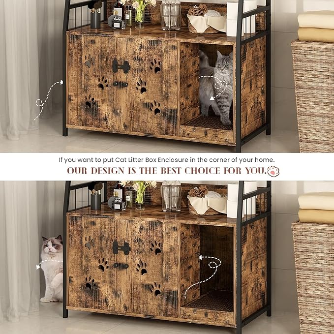 Recaceik Large Cat Litter Box Enclosure with Shelf Storage, Hidden Cat Washroom Furniture, Wooden Cat House with Scratch Pad, Sturdy Indoor Cat Cabinet with 2 Doors, Rustic Brown-Mewly Pet