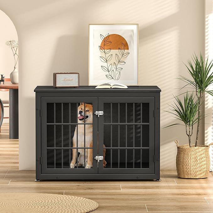 38" Heavy Duty Dog Crate Furniture for Large and Medium Dogs,Wooden Metal Kennel for High Anxiety Dogs, Chew Proof Pet Cage Indoor, Decorative Dog Kennel End Table-Mewly Pet