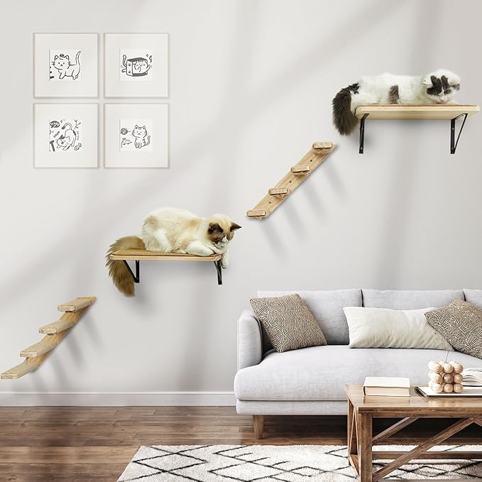 Cat Wall Furniture Set, 2PCS Cat Shelves & 2PCS 4 Steps Wall Shelves Stairs Tower Climbing Scratching Perches for Climbing Sleeping, Playing-Mewly Pet