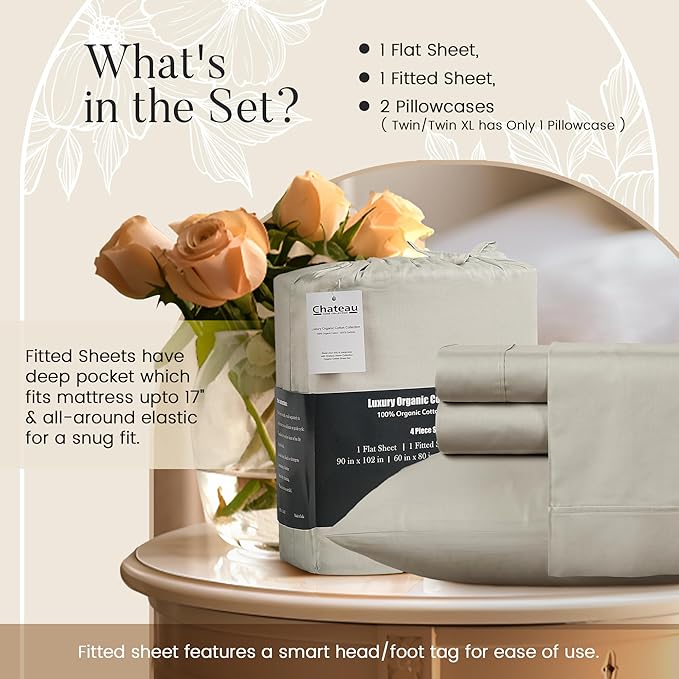 100% Cotton Sheets King Size Sheets Set, 15" Deep Pocket King Sheet Set, Soft Sateen Weave Luxury Hotel Sheets, Naturally Cool Long Staple Organic Cotton, No Pilling & Shrink - Silver