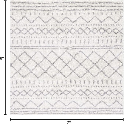 SAFAVIEH Arizona Shag Collection Area Rug - 6'7" Square, Ivory & Grey, Moroccan Design, Non-Shedding & Easy Care, 1.6-inch Thick Ideal for High Traffic Areas in Living Room, Bedroom (ASG741F)
