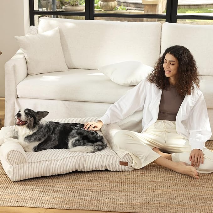 FUKUMARU Cute Dog Bed, Fluffy Pet Bed with TPU Layer Keeping Lining Dry, Dog Couch Medium Size Dogs Easy to Care, Warm Cat Bed with Removable Zipper Cover, 36inch, Large, Cream-Mewly Pet