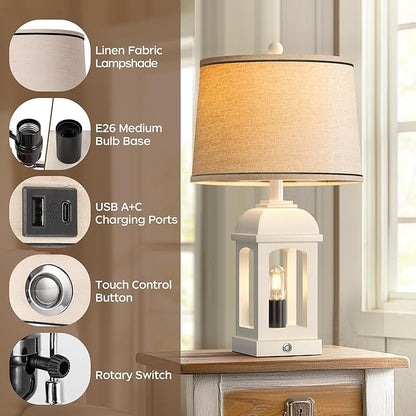 QiMH Table Lamp for Living Room, Farmhouse Lamps with USB A+C and Nightlight, 26" Rustic Bedside Lamps with 3-Way Dimmable Touch Control, Nightstand Lamp for Bedroom, White, 1 Pack