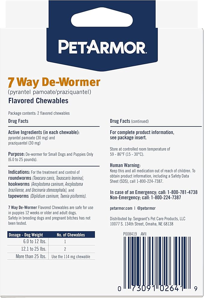 PetArmor 7 Way De-Wormer for Dogs, Oral Treatment for Tapeworm, Roundworm & Hookworm in Small Dogs & Puppies (6-25 lbs), Worm Remover (Praziquantel & Pyrantel Pamoate), 6 Flavored Chewables-Mewly Pet