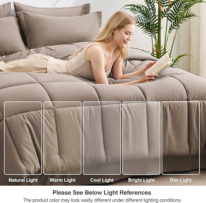 Love's cabin California King Comforter Set Light Brown, 7 Pieces California King Bed in a Bag, All Season Bedding Sets with 1 Comforter, 1 Flat Sheet, 1 Fitted Sheet, 2 Pillowcase and 2 Pillow Sham