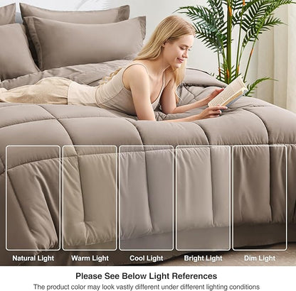 Love's cabin Full Comforter Set Light Brown, 7 Pieces Full Bed in a Bag, All Season Bedding Sets with 1 Comforter, 1 Flat Sheet, 1 Fitted Sheet, 2 Pillowcase and 2 Pillow Sham