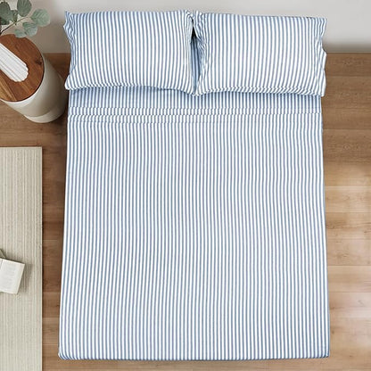 Mejoroom Striped Full Size Sheets - 1800TC Luxury Full Sheets with 16 Inch Deep Pocket - Premium Bedding Collection - Extra Soft, Breathable, Wrinkle, Fade & Stain Resistant - 4 Piece (Blue Stripe)