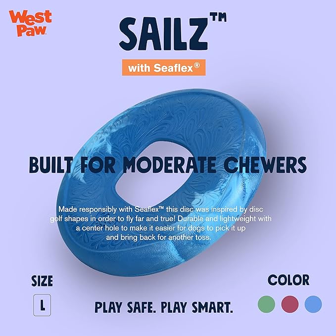 WEST PAW Seaflex Sailz Dog Toy Flying Disc - Machine Washable Eco-Friendly Zogoflex Toys for Moderate Chewers - Perfect for Fetch, Gnawing, Catch, Pet Training - Surf-Mewly Pet