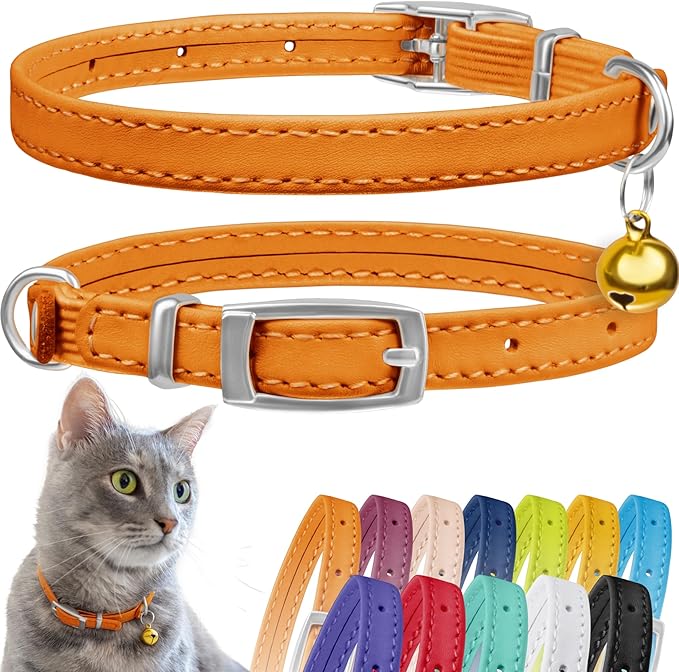 CollarDirect Leather Cat Collar with Bell - Kitten Collar, Small and Big Cat Strap for Boy Cats, Girl Cats with Safety Elastic Strap (Neck Fit 6"-7", Orange)-Mewly Pet