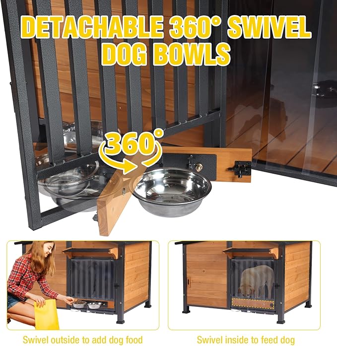Chew-Resistant Dog House with Metal Frame, Wooden Kennel for Indoor & Outdoor Use, Waterproof Roof & Feeding Bowls Included (Wood, L-in)-Mewly Pet