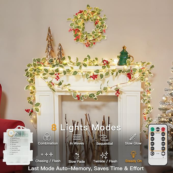 suddus 40 LED Christmas Fairy Lights Battery Powered,12.5ft Vine String Lights with Red Berries & Holly Leaf Timer Remote, Artificial Garlands for Fireplace, Bedroom,Porch,Door,Table,Stairs,Xmas Decor