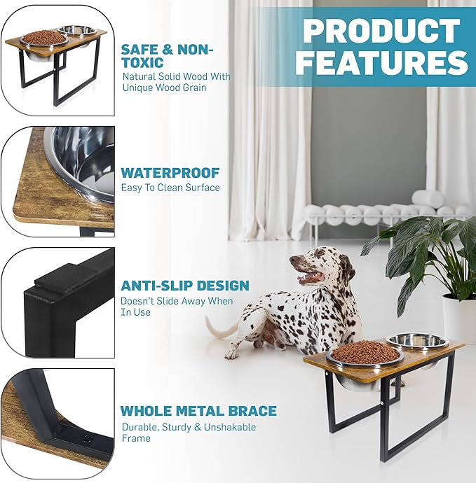 Elevated Dog Bowls for Large & Extra Large Breed Dogs - Raised Dog Feeding Station with Two Stainless Steel Bowls - Helps to Reduce Strain on Dog’s Neck & Joints - 3500 ML Capacity-Mewly Pet