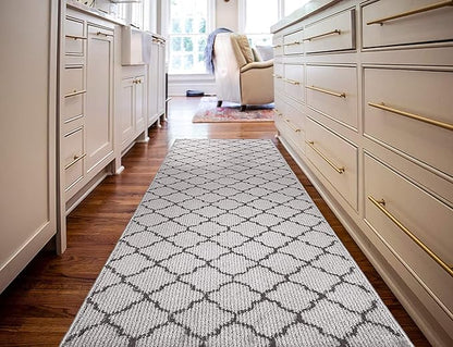 Custom Size Modern Runner Rug Carpet for Hallway Entryway Foyer Kitchen, Slip Resistant Latex Rubber Backed 31 inch Wide X Customized Length, Trellis Grey, 31 inch X 17 feet