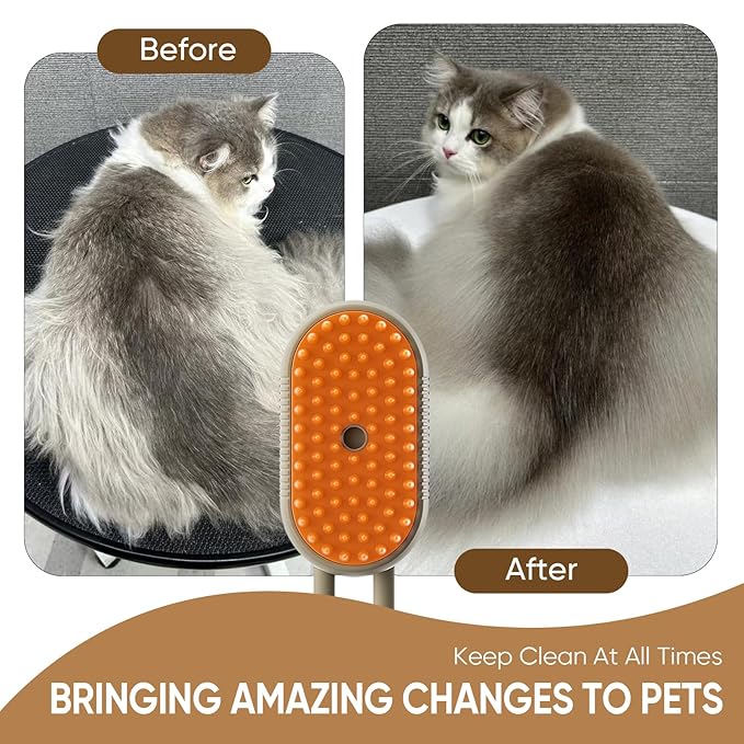 4-in-1 Cat Steam Brush for shedding–Self-Cleaning Comb for Long and Short Hair Cats and Dogs, Steam Pet Brush for Hair Removal, Vibrating Message, Grooming & Relaxation (Khaki)-Mewly Pet