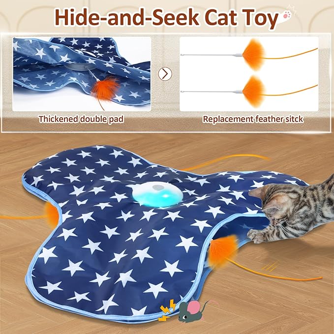 Interactive Cat Toy Rechargeable, Cat Exercise Toys for Indoor Bored Adult Cats, Hide and Seek Toy with Motion Activated, Moving Feather, Chirping-Mewly Pet