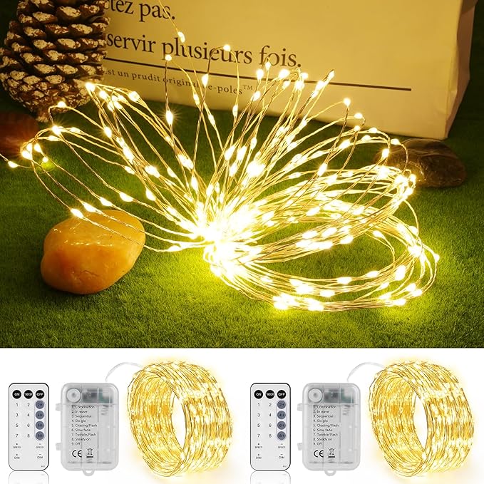 2 Pack 16.5FT 100 LED Fairy Lights Battery Operated with Timer & Remote, Dimmable Twinkle Lights, Waterproof Warm White Fairy String Lights for Outdoor Patio Wedding Mason Jar Party Bedroom Classroom