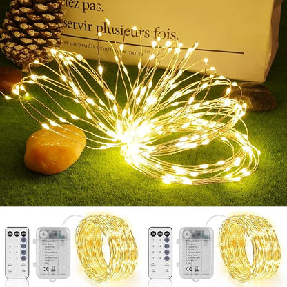 2 Pack 16.5FT 100 LED Fairy Lights Battery Operated with Timer & Remote, Dimmable Twinkle Lights, Waterproof Warm White Fairy String Lights for Outdoor Patio Wedding Mason Jar Party Bedroom Classroom