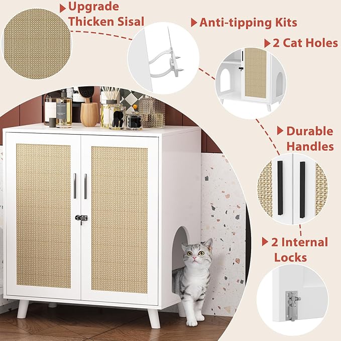 Lovinouse Large Cat Litter Box Enclosure,Hidden Kitty Litter Furniture with Sisal Covered Doors,2-Layer Wooden Cat Washroom Cabinet w/Adjustable Shelf, Side Table for Living Room,White-Mewly Pet