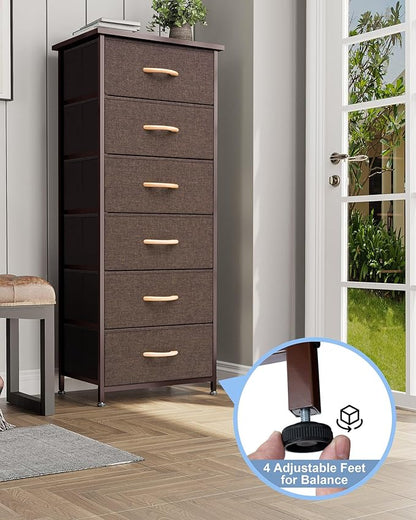Crestlive Products Vertical Dresser Storage Tower - Sturdy Steel Frame, Wood Top, Easy Pull Fabric Bins, Wood Handles - Organizer Unit for Bedroom, Hallway, Entryway, Closets - 6 Drawers (Brown)