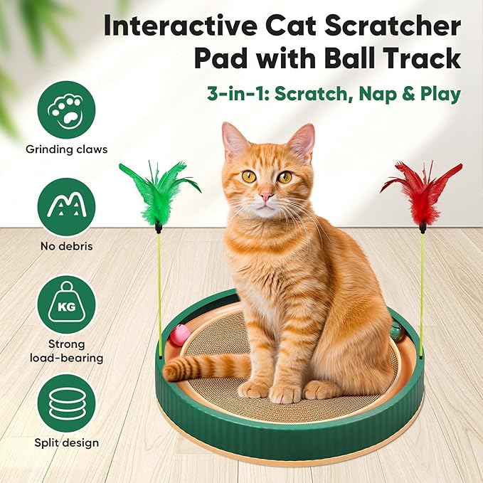 20-Inch Round Cat Scratcher with Ball Track – 3-in-1 Cardboard Scratching Pad with Feather Toy & Non-Slip Base – Interactive Cat Toy for Indoor Cats, Kittens & Large Cats (Green)-Mewly Pet