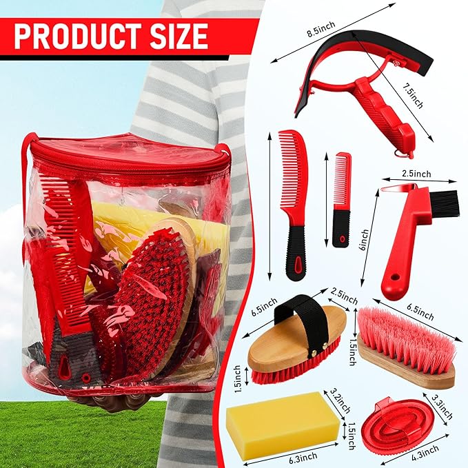 9 Pieces Horse Grooming Kit Tack Room Supplies Set with Organizer Tote Bag, Oval Massage Curry, Hard and Soft Brush, Hoof Pick, Sweat Scraper, Bathing Sponge, Combs for Horse Riders Beginners (Red)-Mewly Pet
