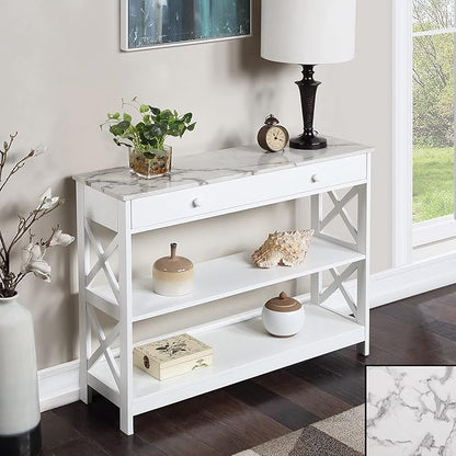Convenience Concepts Oxford 1 Drawer Console Table with Shelves, White Faux Marble/White