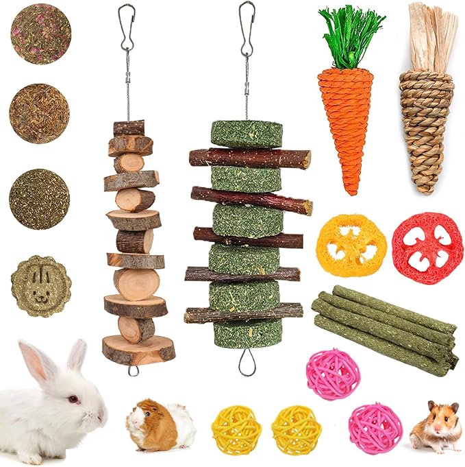 Grddaef 20 PCS Bunny Chew Toys for Teeth, Natural Rabbit Toys Apple Wood Grass Timothy Sticks Chew and Treat for Guinea Pigs Hamster Chinchillas-Mewly Pet