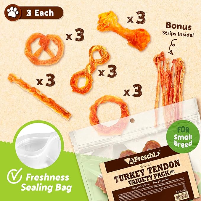 Afreschi Turkey Tendon Variety Pack (S) 8 oz, USA-Sourced Turkey Tendon, All Natural Puppy Chew, Hypoallergenic, Rawhide Alternative-Mewly Pet