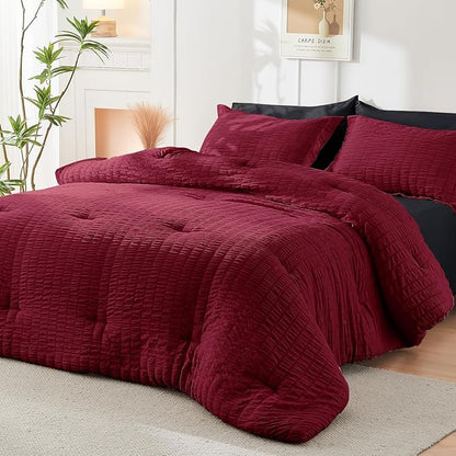 HYMOKEGE Red & Black King Size Comforter Set Seersucker 7 Pieces, All Season Luxury Bed in a Bag for Bedroom, Bedding Set with Comforters, Sheets, Pillowcases & Shams