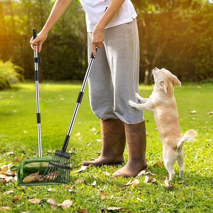 Toozey Unbreakable Dog Pooper Scooper with Extra Large Stainless Metal Poop Tray & 43.31" Long Handle Rake Scoop, Easy Waste Cleanup for Large, Medium, Small Dogs with 20 Bags-Mewly Pet