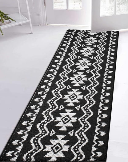 Custom Length Cut to Size Tribal Ethnic Southwestern Inspired Hallway Runner Rug, Non Slip Rubber Backed, 31 inch Wide X Customized Length, Aztec Black, 31 inch X 33 feet
