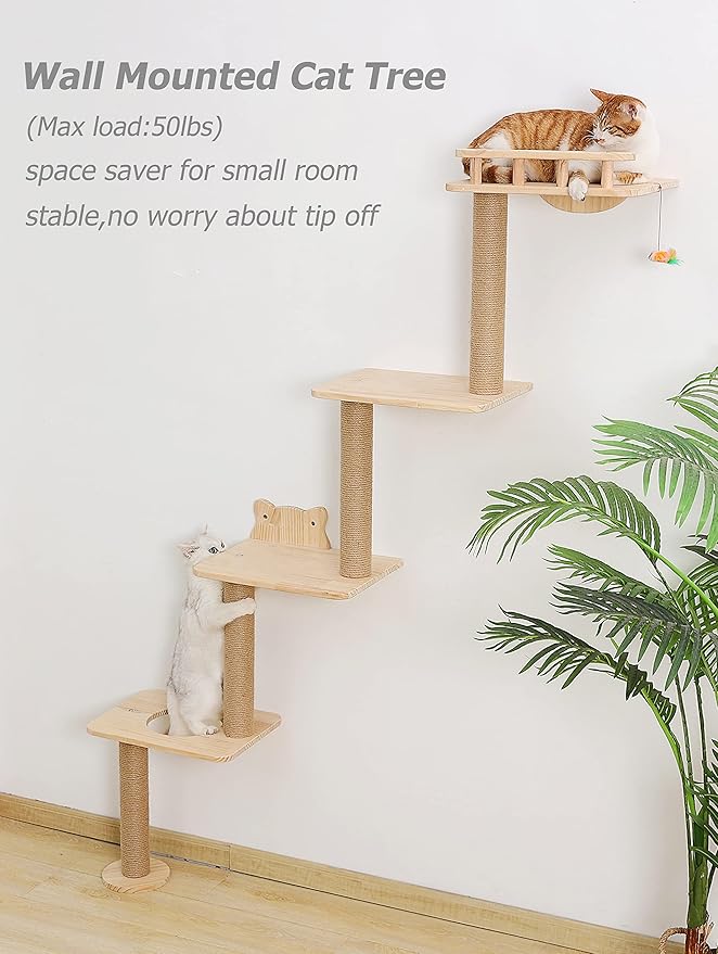 Cat Tree Wall Mounted with 4 Levels Shelves, 73" Wood Corner Tower Inside Kitten Scratching Post for Climbing,Perching and Lounging (Left to Right)-Mewly Pet
