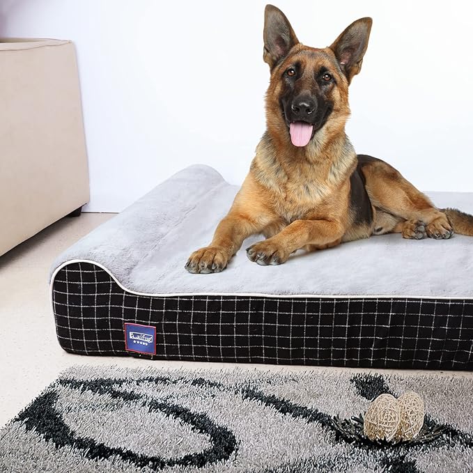 Laifug Orthopedic Memory Foam Extra Large Dog Bed with Pillow and Durable Water Proof Liner & Removable Washable Cover & Smart Design (Jumbo (50"x36"x10"), Black Grid Gray)-Mewly Pet