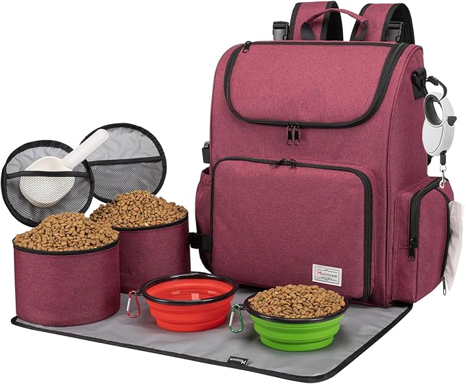 Modoker Dog Travel Bag Backpack, Airline Approved Pet Accessories Organizer for Dog and Cat with Shoulder Strap, 2 Dog Food Storage Containers, 2 Collapsible Dog Bowls,1 Pet Mat, Rose Red-Mewly Pet