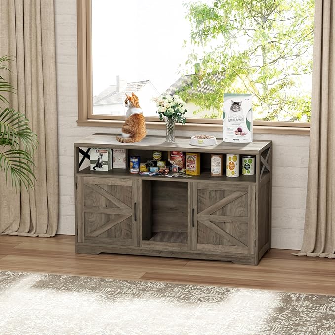 Cat Litter Box Enclosure for 2 Cats, 47" Double Hidden Litter Box Furniture with Scratch Pad, Farmhouse Indoor Litter Box Cabinet Cat Washroom, Grey-Mewly Pet