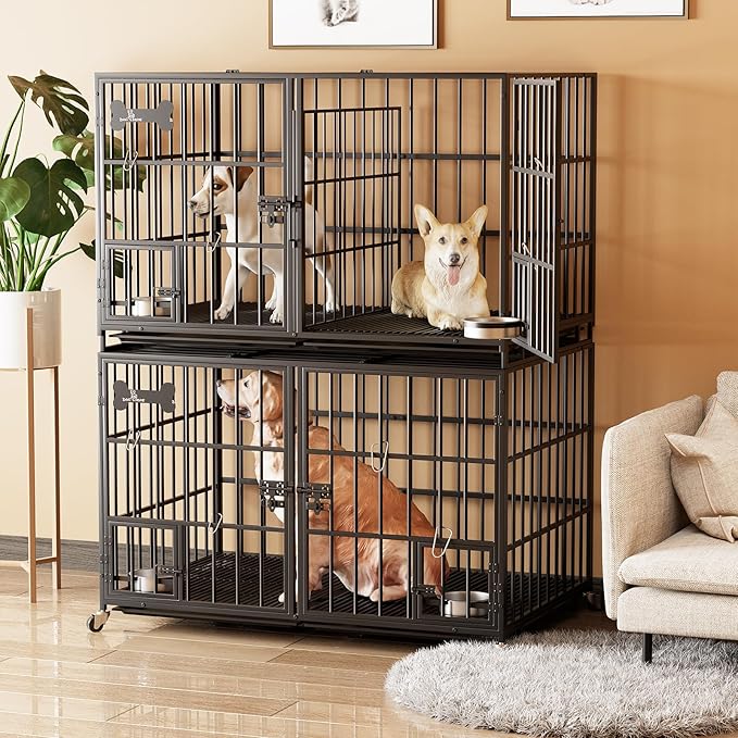 aboxoo 48 inch Stackable Heavy Duty Metal Dog Crate for 4 Dogs/Large Dog,All Metal Open Top Access,Escape Proof Cage,Dog Kennel Indoor with Wheels,Floor Grid, Tray, Divider and Feeding Bowl-Mewly Pet
