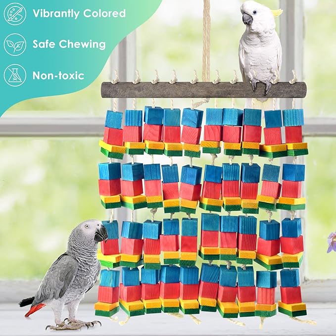 Extra Large Bird Toys, 21.6inch XL Macaw African Grey Parrot Chewing Toys, Natural Wooden Block Knots Tearing Toy Parrot Cage Accessories for Big Birds-Mewly Pet