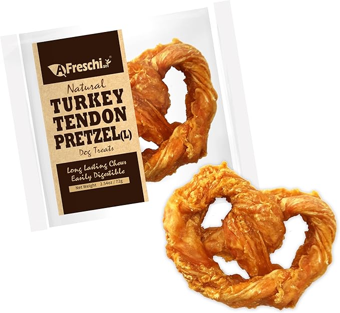 Afreschi Natural Turkey Tendon Pretzel (L) 1 Unit per Pack, Dog Treats for Signature Series, All Natural Human Grade Puppy Chew, USA-Sourced Turkey Tendon, Hypoallergenic, Rawhide Alternative-Mewly Pet