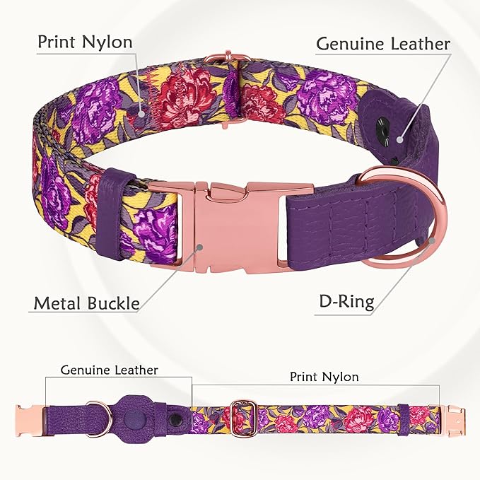 AirTag Dog Collar for Small Medium Large Breed - Adjustable Cute Pattern Dog Collar with Airtag Holder - Soft Leather Tracker GPS Apple Air Tag Pet Collars (X-Small, 9"-12" Neck Fit, Peonies)-Mewly Pet