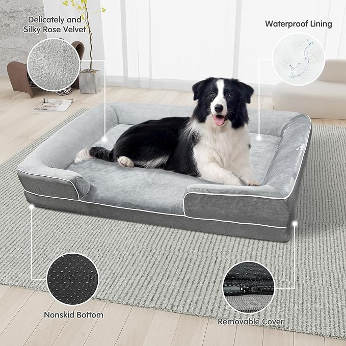 Dog Beds for Large Sized Dogs,Washable Orthopedic Memory Foam Dog Couch Sofa Bed with Bolster,Removable Cover,42x30Inch,Grey-Mewly Pet