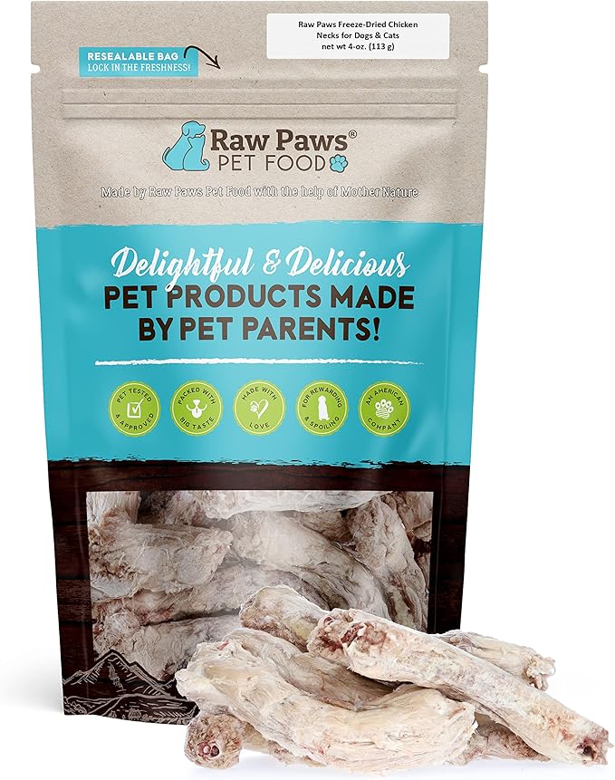 Raw Paws Freeze-Dried Chicken Necks for Dogs & Cats (4-Ounce) - Made in USA - Raw Freeze Dried Dog Treats - Chicken Necks for Cats - Single Ingredient Chews-Mewly Pet