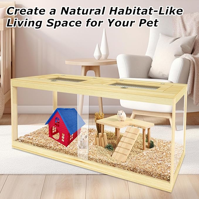 Large Hamster Cage 48", Front Opening Lockable Sliding Door Gerbil Cage, Dwarf Hamster Cage with Metal Mesh Roof, Chewproof Syrian Hamster Habitat Enclosure, (Wooden, 48" L x 20" W x 20" H)-Mewly Pet