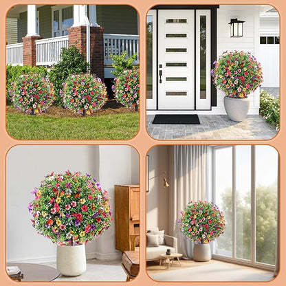 27.5" Artificial Boxwood Topiary Ball Trees with Colorful Flowers, Set of 2 Fake Shrubs Bushes with Ground Spike, UV Resistant Faux Evergreen Plants for Outdoor Planters Front Porch Garden Decor