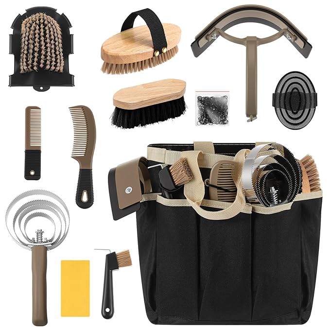 Abbylike 12 Pieces Horse Grooming Kit with Organizer Tote Bag Tack Room Supplies Horse Brush Sets Equine Care Cleaning Kit Shedding Grooming Massaging Tools(Khaki)-Mewly Pet