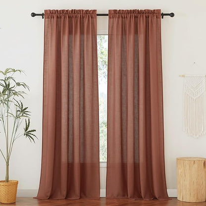 RYB HOME Flax Linen Blend Curtains 90 inches Long for Living Room Bedroom, Light Filtering Semi Translucent Window Treatments for Home Office, W 52 x L 102 inches, Terracotta, 2 Panels