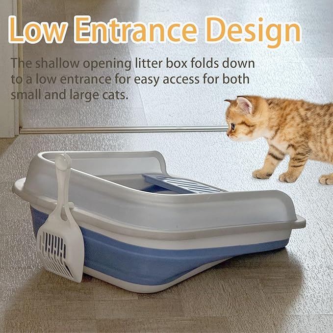 Collapsible Kitten Litter Box, Open Small Cat Litter Box with High Side Shallow Kitten Litter Pan Anti-Splashing Waterproof Low Entry Travel Litter Pan with Falling Sand Pedal-Mewly Pet